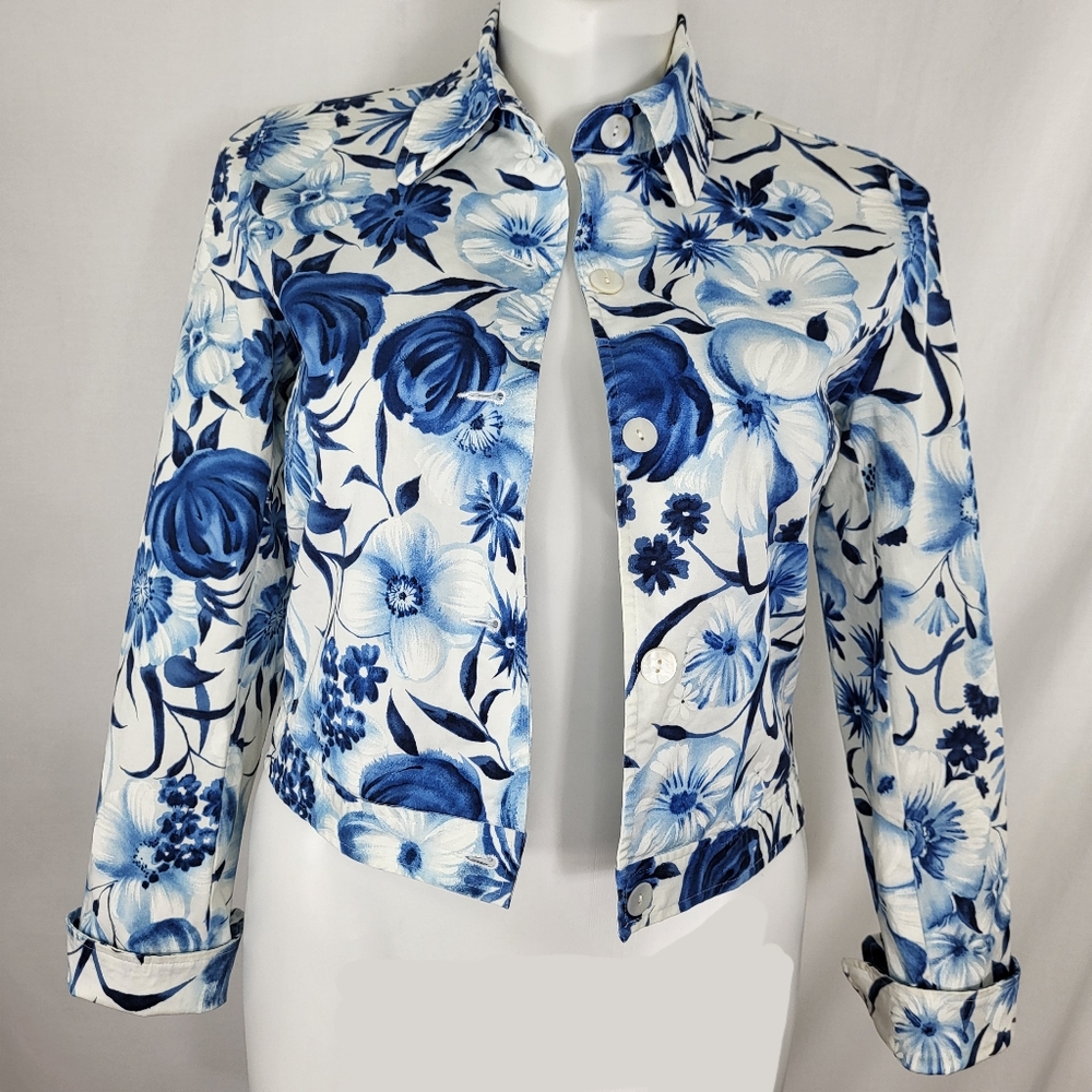 David Brooks Lightweight Floral JACKET Womens Size M Blue White Button Up Vtg - Picture 5 of 16